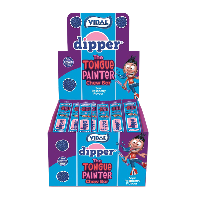 Front of Vidal Dipper Tongue Painter Sour Raspberry Chew Bar showing the fruity flavour label and fun design (single bar)