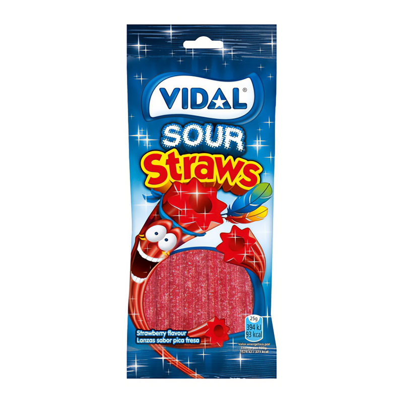Front of Vidal Fizzy Sour Strawberry Straws (90g) package showing bright blue background, logo, and image of sour strawberry-flavoured straws