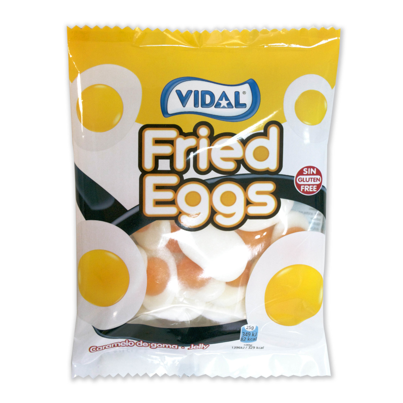 Front of Vidal Fried Eggs bag showing the logo, jelly sweets shaped like fried eggs, and pack size of 90g
