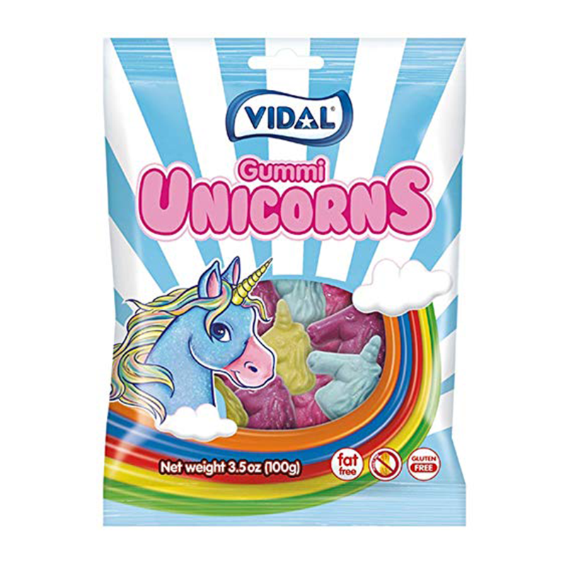 Front of Vidal Gummi Unicorns bag featuring a colourful illustration of a unicorn, with vibrant gummy shapes inside and the 90g label.