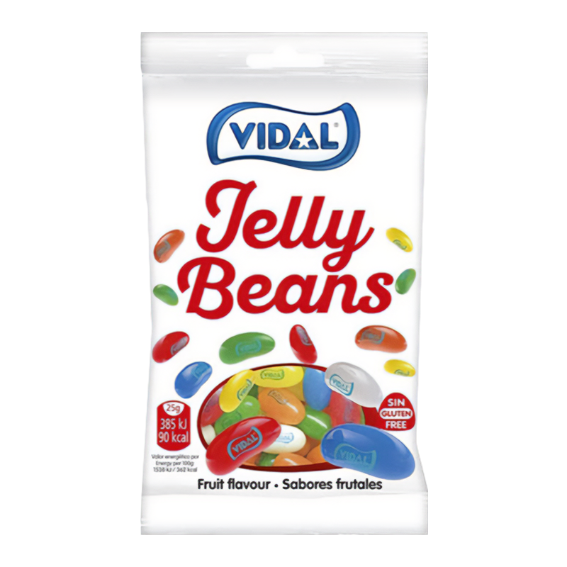 Front of Vidal Jelly Beans bag featuring the logo, vibrant fruit flavour jelly beans, and 100g pack size.