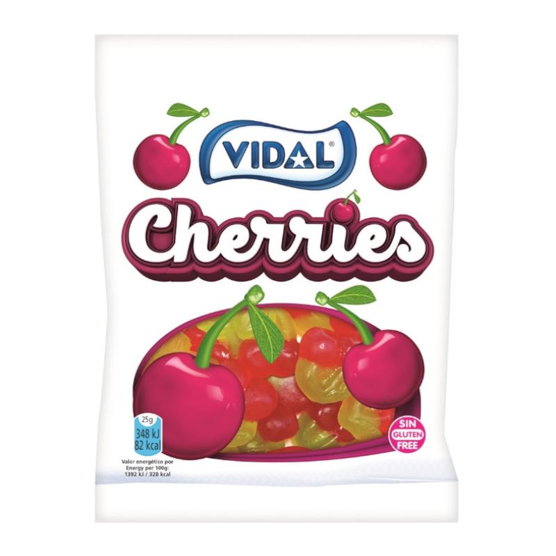 Front of Vidal Jelly Cherries bag showing vibrant red and green jelly candies, brand logo, and pack size (90g)