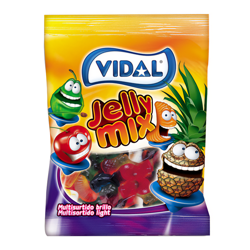 Front of Vidal Jelly Mix bag showing bright logo, fun jelly shapes, and colourful characters (90g pack)