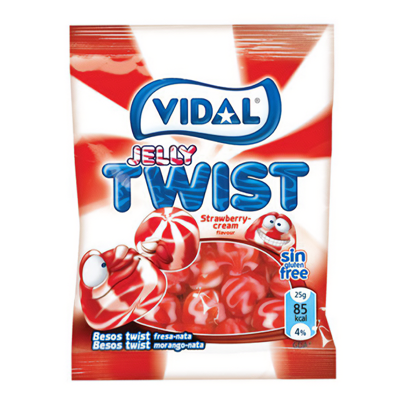 Front of Vidal Jelly Twist pack showing vibrant design, strawberry-cream flavour label, and fun jelly shapes (90g pack)
