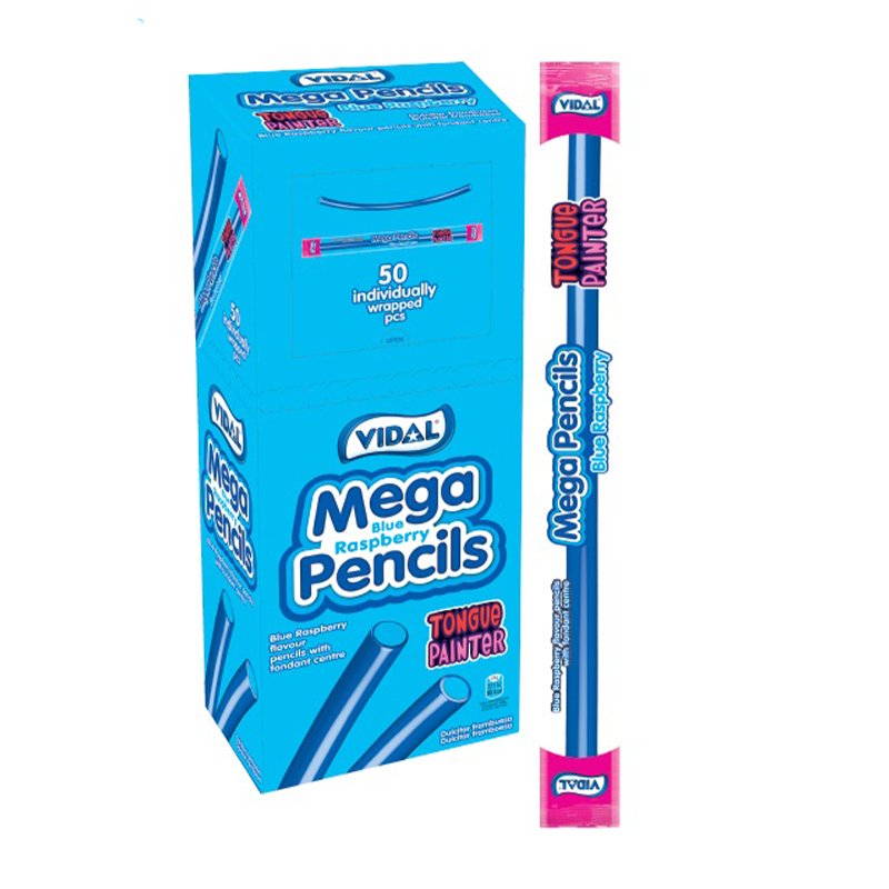 Front of Vidal Blue Raspberry Mega Pencils packaging showcasing blue logo, blue raspberry flavour label, and large pencil design (single pencil)