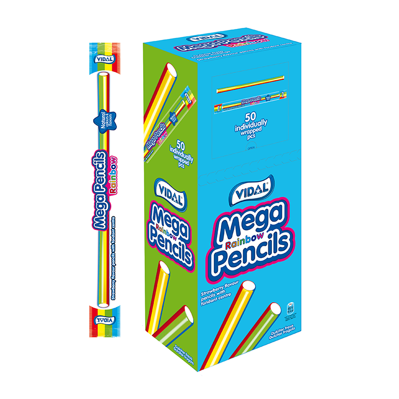 Front of Vidal Rainbow Mega Pencils package showing the colourful design, strawberry flavour indication, and text about 50 individually wrapped pieces.