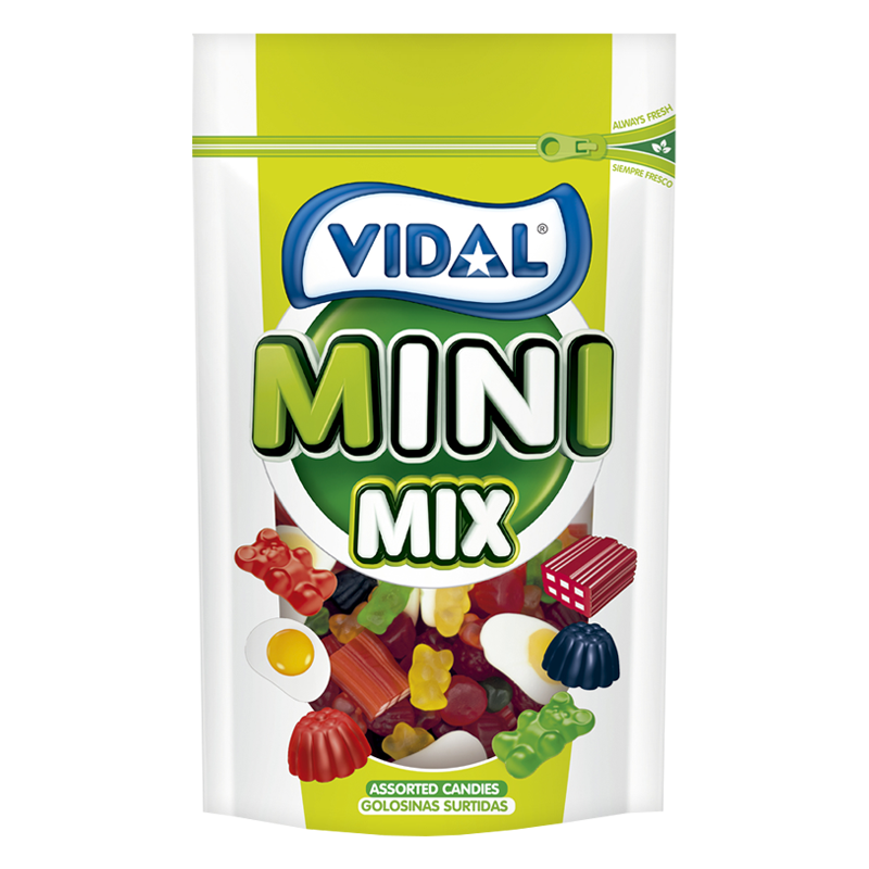 Front of Vidal Mini Mix bag featuring a vibrant design with assorted candies, brand logo, and product name (180g pack)