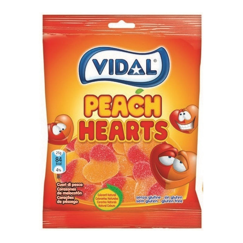 Front of Vidal Peach Hearts bag showing bright orange packaging, peach-flavoured gummy candies, and playful character designs (90g pack)