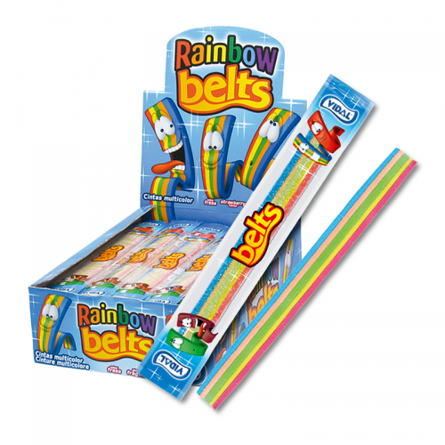 Front of Vidal Sour Belts Rainbow Full Box showing vibrant fruity candy strips and brand logo (150 count, 1.63kg)