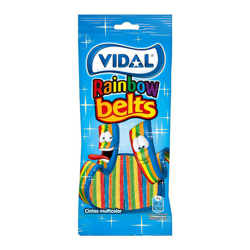 Front of Vidal Rainbow Belts bag showing colourful candy strips, logo, and vibrant design (90g pack)