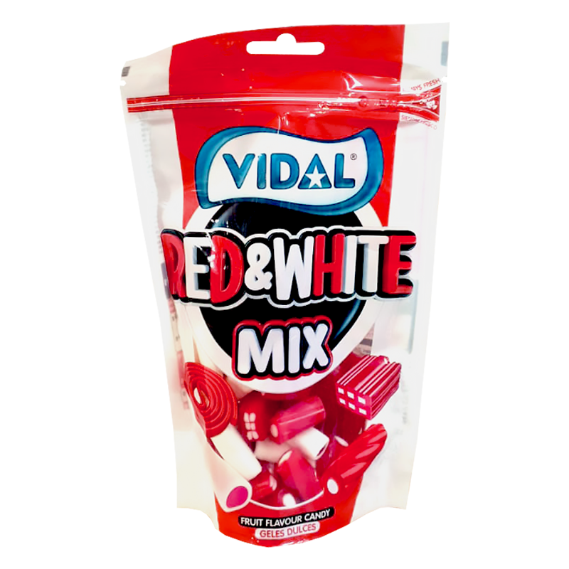 Front of Vidal Red & White Mix bag featuring vibrant red and white packaging with bold lettering and an assortment of fruit flavour candies (180g pack)