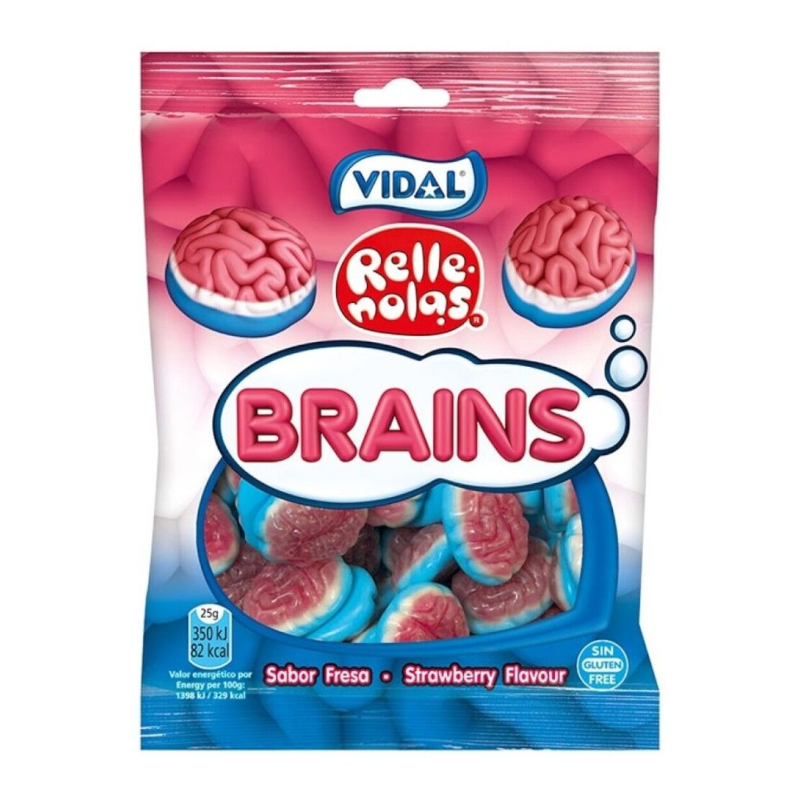 Front of Vidal Gummi Brains bag showing the pink and blue gummy candies shaped like brains with the product title and 90g pack size.