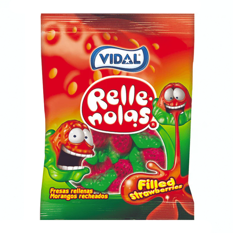 Front of Vidal Filled Strawberries packet showing colourful design, logo, and filled strawberry sweets in a 90g pack