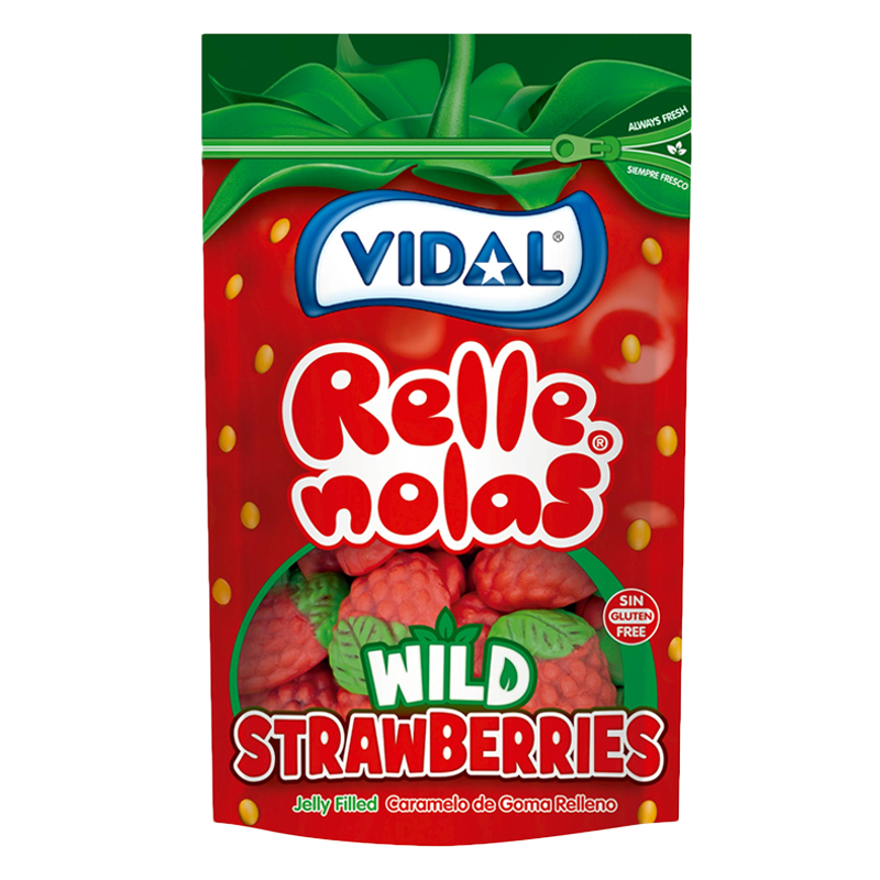 Front of Vidal Wild Strawberries bag showcasing vibrant red packaging, jelly-filled candy shapes, and 180g pack size