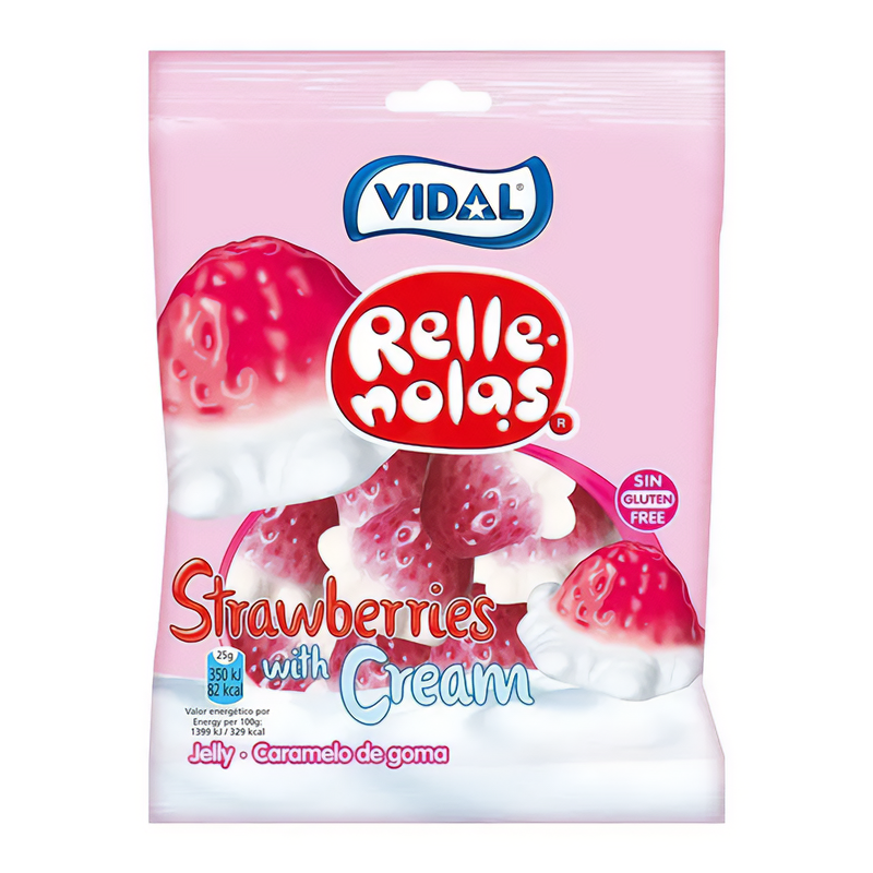 Front of Vidal Filled Strawberries and Creme bag showing vibrant strawberry-shaped jellies with a creamy centre, 85g pack