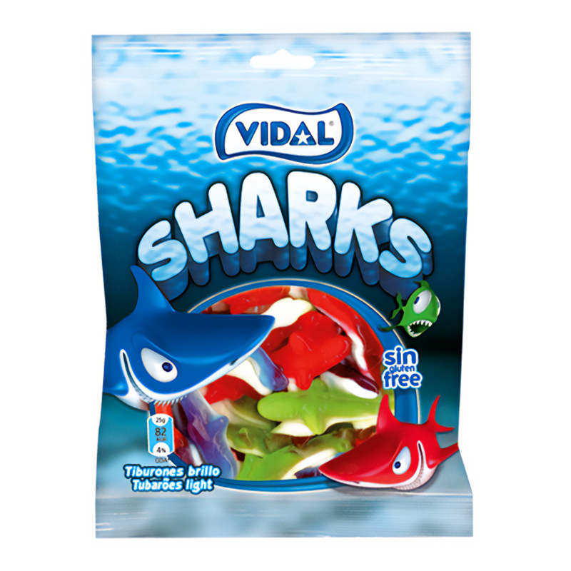 Front of Vidal Sharks bag featuring blue logo, colourful gummy shark sweets, and gluten-free label (90g pack)