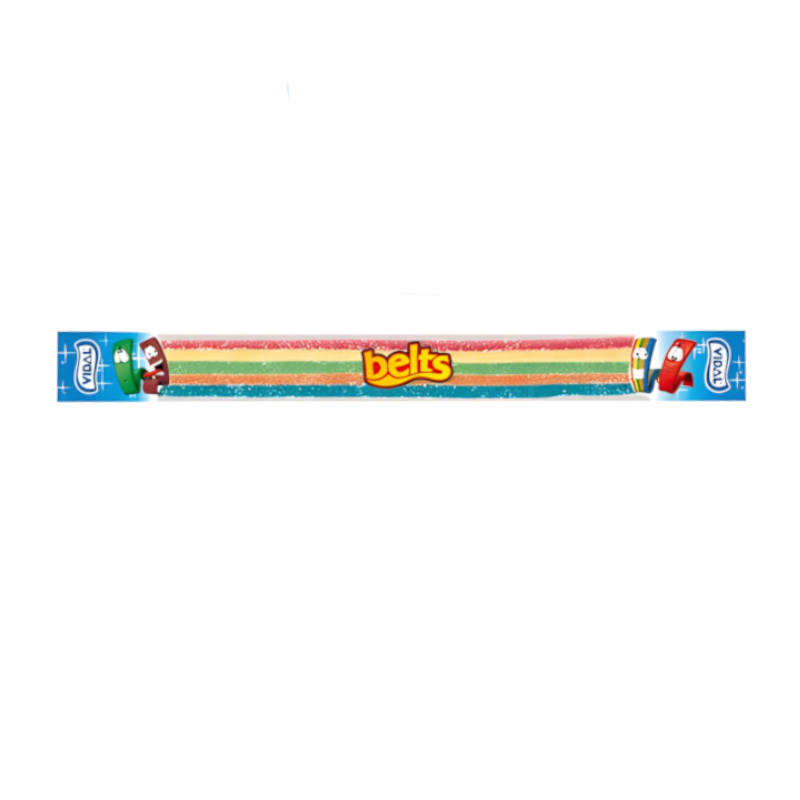 Front of Vidal Sour Belts Rainbow packaging showing the colourful candy belts with the Vidal logo and vibrant candy stripes.