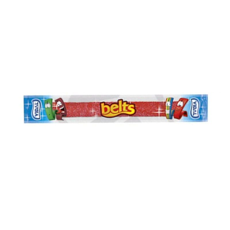 Front of Vidal Sour Belts Strawberry candy pack showing bold branding, strawberry flavour name, and vibrant red candy strip.