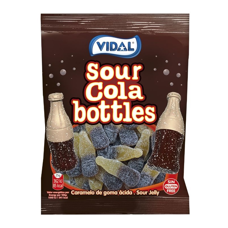 Front of Vidal Sour Cola Bottles bag featuring vibrant cola bottle shapes in blue and yellow jelly with sour sugar coating (90g pack)