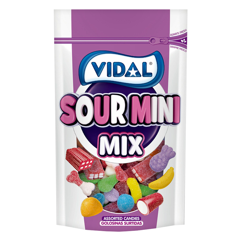 Front of Vidal Sour Mini Mix bag showing the logo and an assortment of colourful sour mini candies (180g pack)