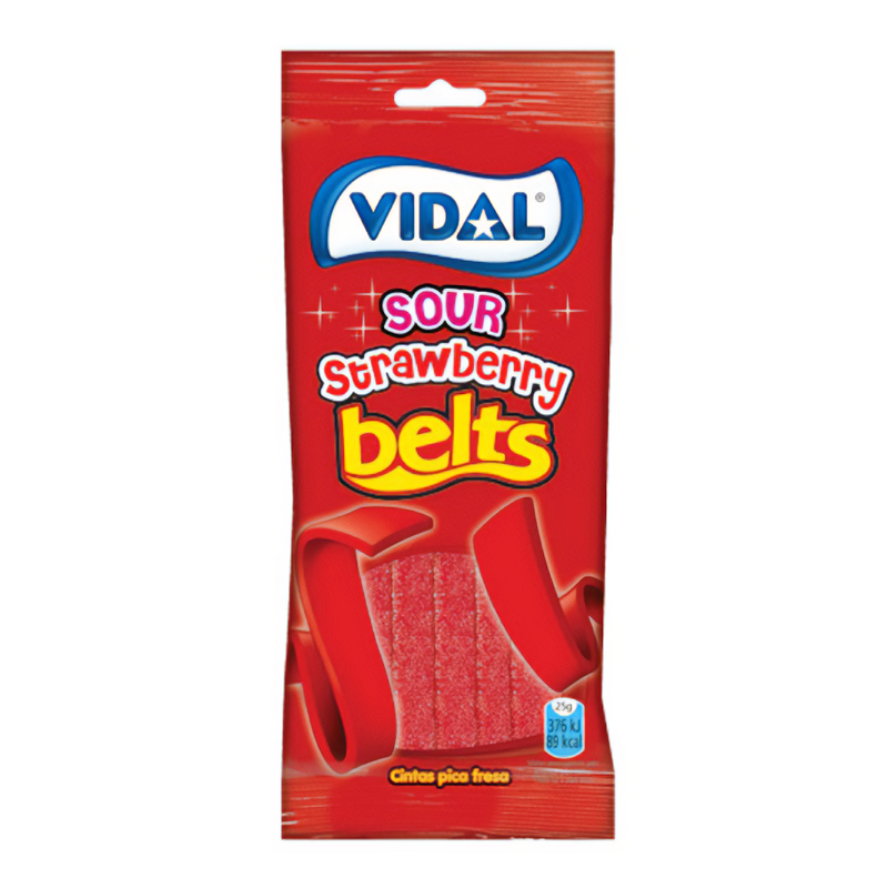 Front of Vidal Sour Strawberry Belts pack showing bright red packaging, tangy strawberry flavour label, and chewy belt candies (90g)