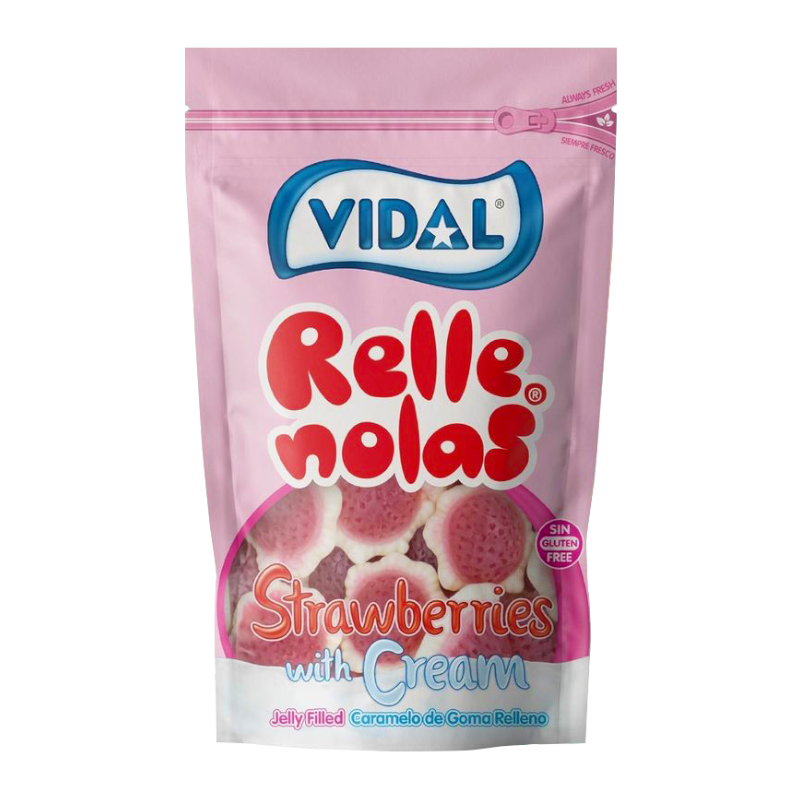 Front of Vidal Strawberries With Cream bag showing logo, jelly-filled strawberry candies, and pack size (180g)