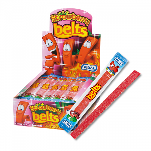 Front of Vidal Sour Belts Strawberry Full Box of 150 (1.63kg) showing vibrant packaging with strawberry flavour label and colourful sour belts.