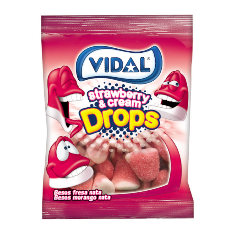 Front of Vidal Strawberry & Cream Drops bag showing the brand logo, strawberry and cream flavour label, and an assortment of chewy sweets (90g pack)