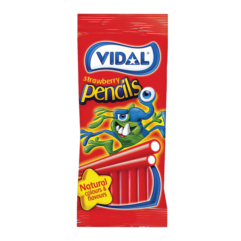 Front of Vidal Strawberry Pencils bag showing colourful logo, fun character, and strawberry-shaped candy, 90g pack