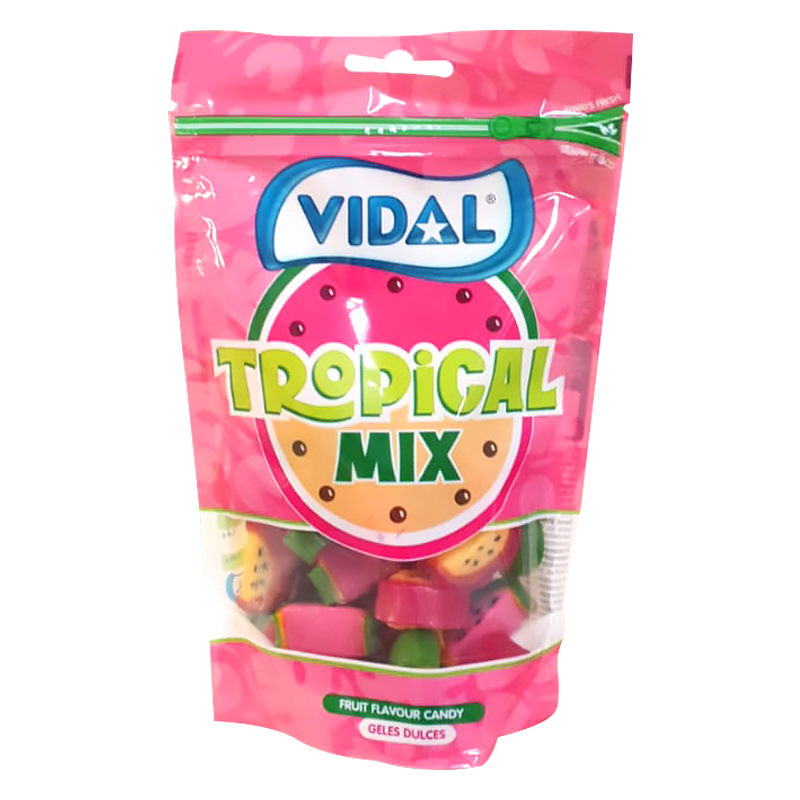 Front of Vidal Tropical Mix bag showcasing the vibrant branding, fruit flavour label, and colourful candy pieces (180g pack)