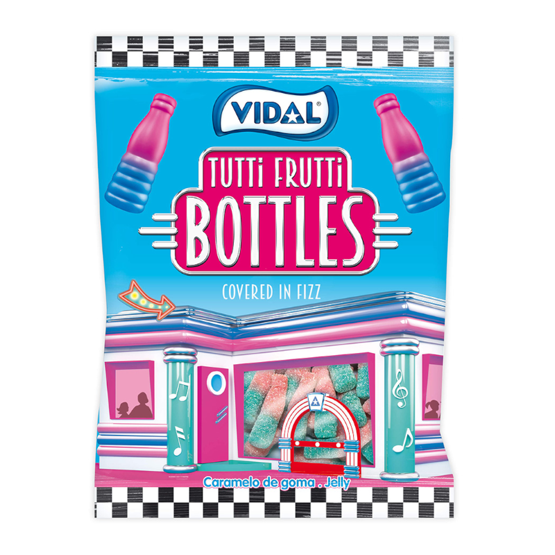 Front of Vidal Tutti Frutti Bottles bag featuring colourful candy bottles, logo, and fizzy coating design (90g pack)