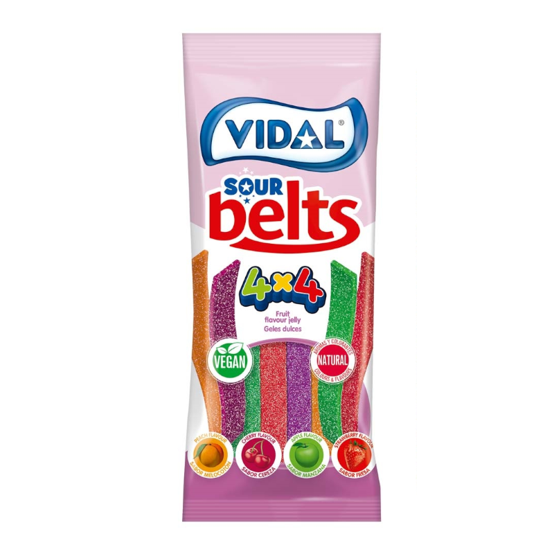 Front of Vidal Vegan Sour Belts pack showing vibrant sour belts in fruit flavours, featuring the logo and 100g size.