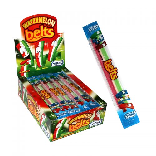 Front of Vidal Sour Belts Watermelon box showing logo, colourful sour belts, and watermelon flavour with a full box of 150 (1.63kg)