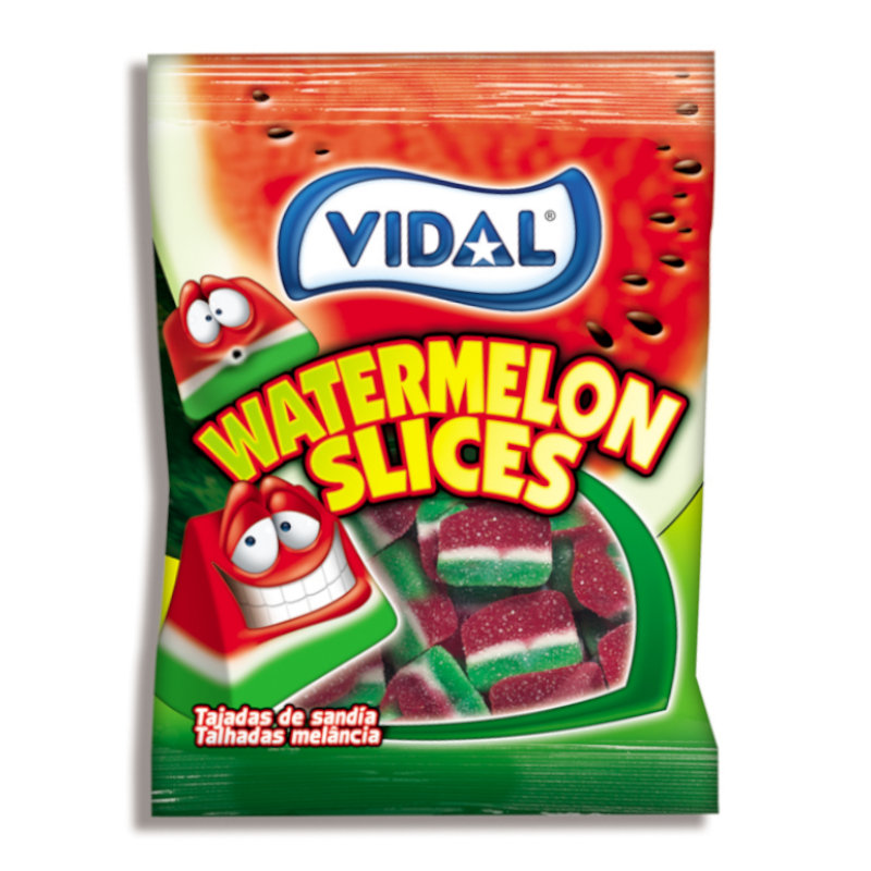 Front of Vidal Watermelon Slices bag showing logo, bright watermelon graphic, and gummy slices (90g pack)