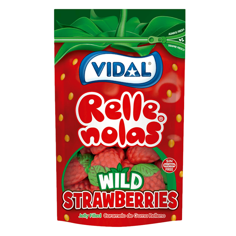 Front of Vidal Wild Strawberries bag showcasing vibrant red packaging, jelly-filled candy shapes, and 180g pack size