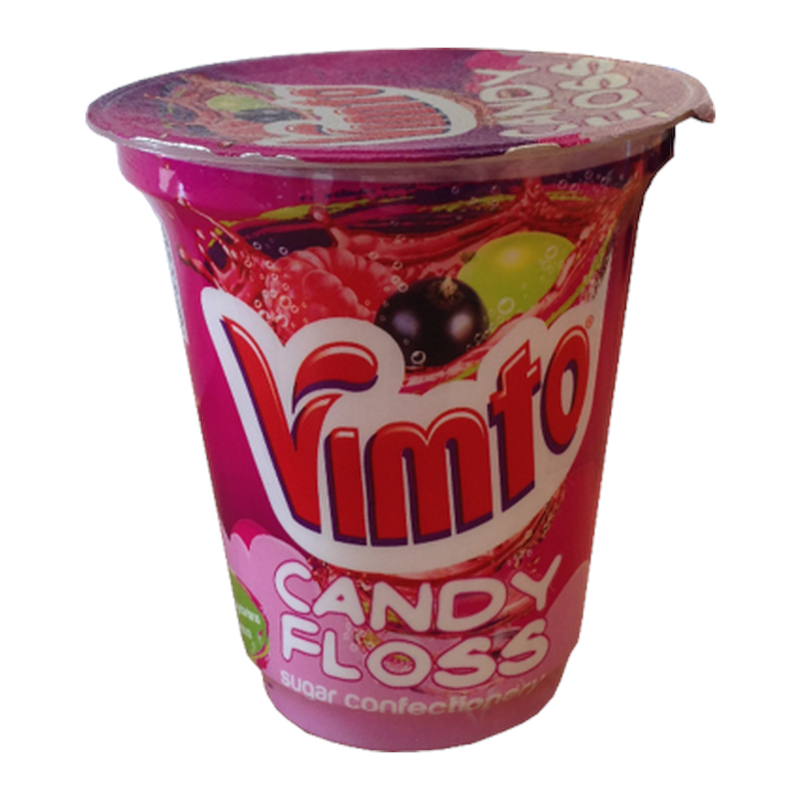 Front of Vimto Candy Floss container showing vibrant pink design, Vimto logo, and the product name (20g pack)