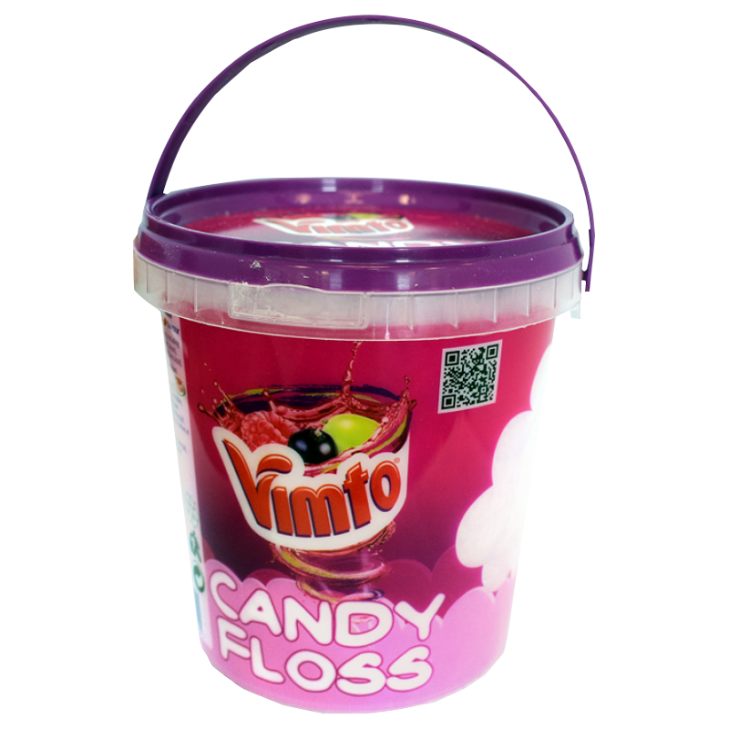 Front of Vimto Candy Floss tub showing bright pink packaging with Vimto logo and candy floss branding (50g pack)