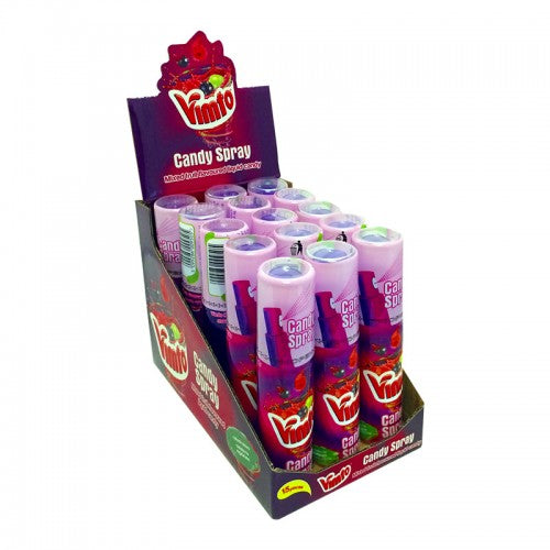 Front of Vimto Candy Spray bottle showing the brand logo, candy spray label, and vibrant fruity design (25ml pack)