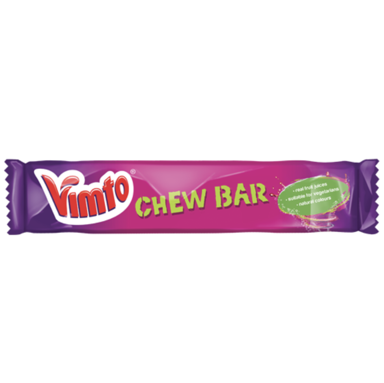 Front of Vimto Chew Bars wrapper featuring the Vimto logo, colourful design, and text indicating real fruit juices and vegetarian suitability (15g)