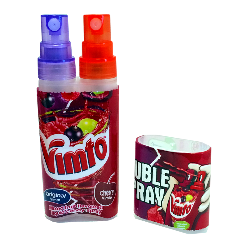 Front of Vimto Double Spray showing vibrant mixed fruit design and logo, featuring two spray nozzles (12ml pack)