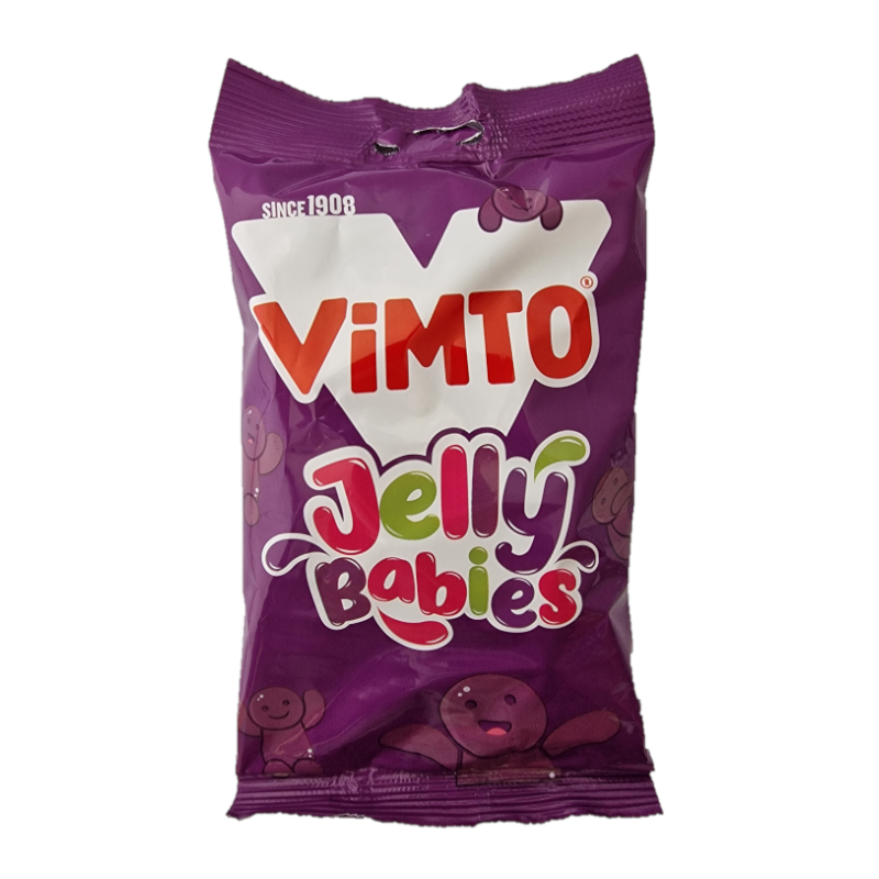 Front of Vimto Jelly Babies bag showing the bold Vimto logo, colourful Jelly Babies text, and happy character illustrations (180g pack)