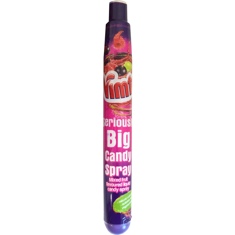 Front of Vimto Seriously Big Candy Spray showing pink and purple design, Vimto logo, mixed fruit flavour, and 80ml size