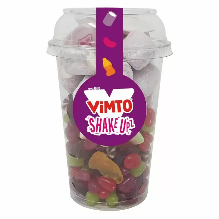 Front of Vimto Shake Upz Pick N Mix Shaker Cup showing colourful sweets and playful label (280g)