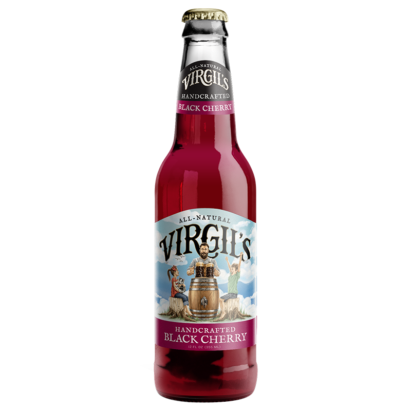 Front of Virgil's Handcrafted Black Cherry Soda bottle displaying all-natural label, black cherry flavour, and 355ml size