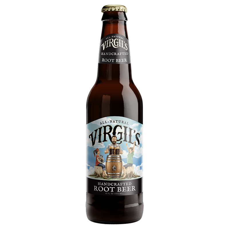 Front of Virgil's Handcrafted Root Beer bottle featuring the logo, artwork, and 355ml (12 fl oz) statement.