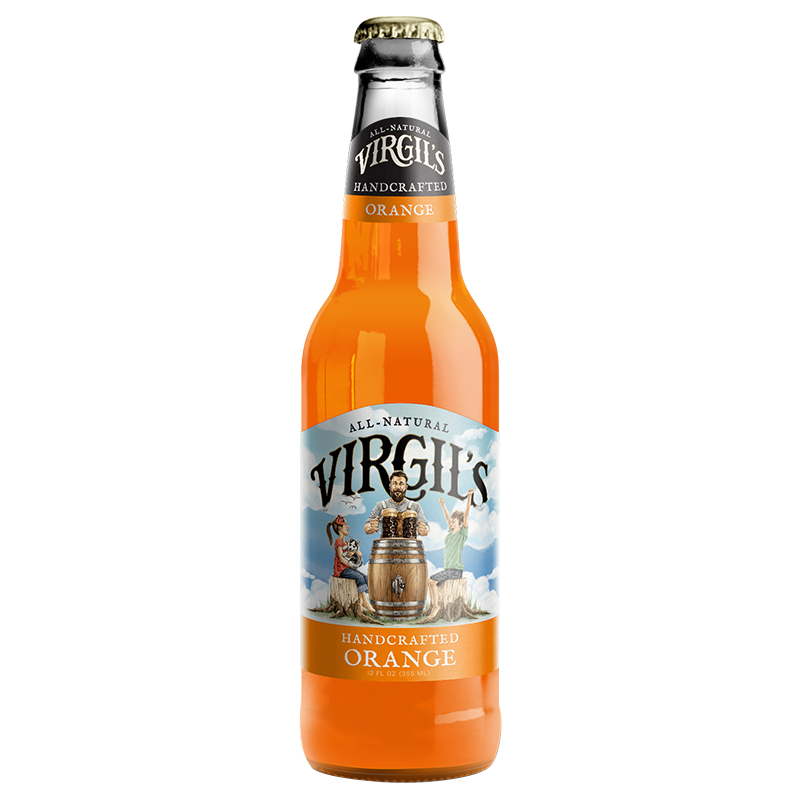 Front of Virgil's All-Natural Handcrafted Orange Soda bottle showing vivid orange colour, clear label with logo, and handcrafted designation (355ml)