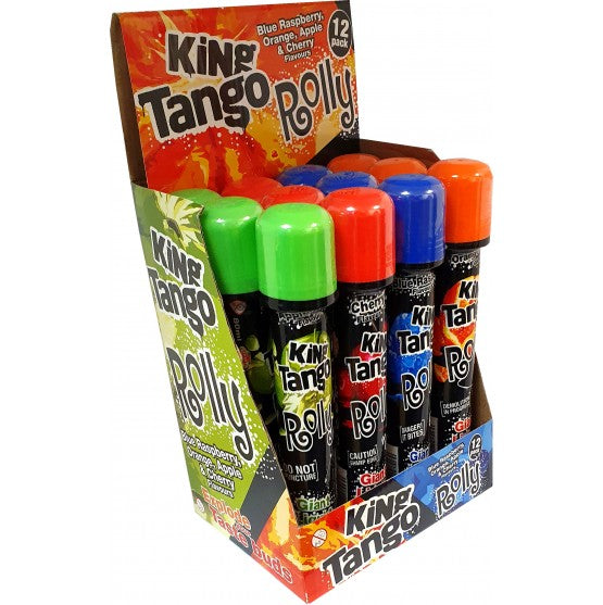 Front of King Tango Rolly (80ml) showing vibrant flavours including blue raspberry, orange, apple, and cherry with colorful packaging.