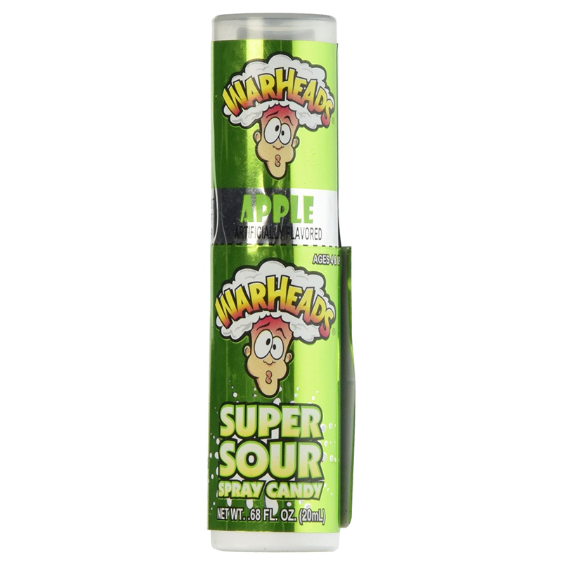 Front of Warheads Super Sour Spray Apple showing vibrant green label, brand logo, and candy spray packaging (20ml)