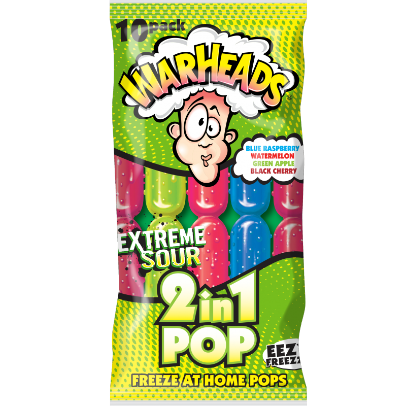 Front of Warheads 2 in 1 Freezer Ice Pops packaging showing colourful ice pops, logo, and flavour options (10 pack).
