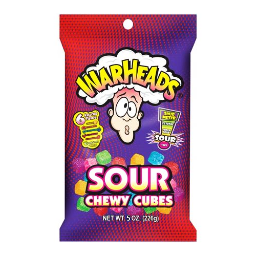 Front of Warheads Extreme Sour Cubes bag featuring the brand logo, vibrant colours, and a label indicating 142g pack size